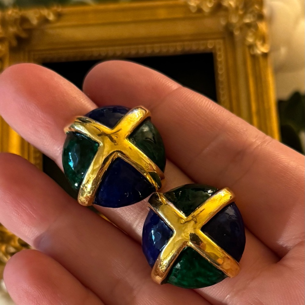 VTG Fabulous Blue and Green Marbled Enamel Goldtone Earrings - Picture 14 of 15